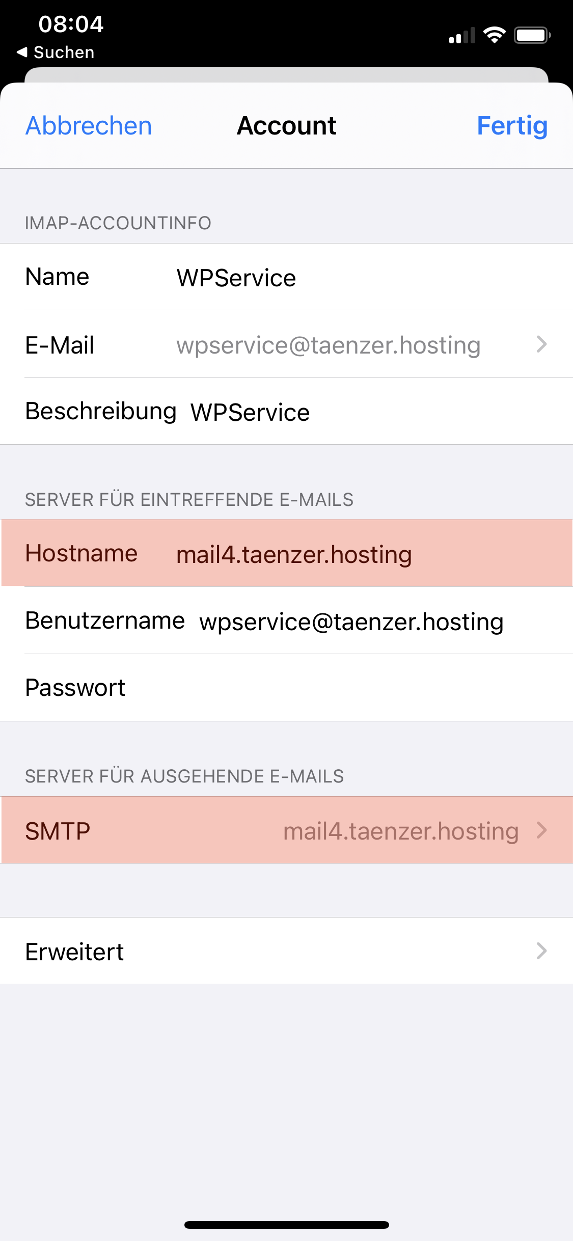 Hostname für Posteingang ändern und dann Server für ausgehende E-Mails öffnen und dort den Hostnamen ebenfalls ändern.