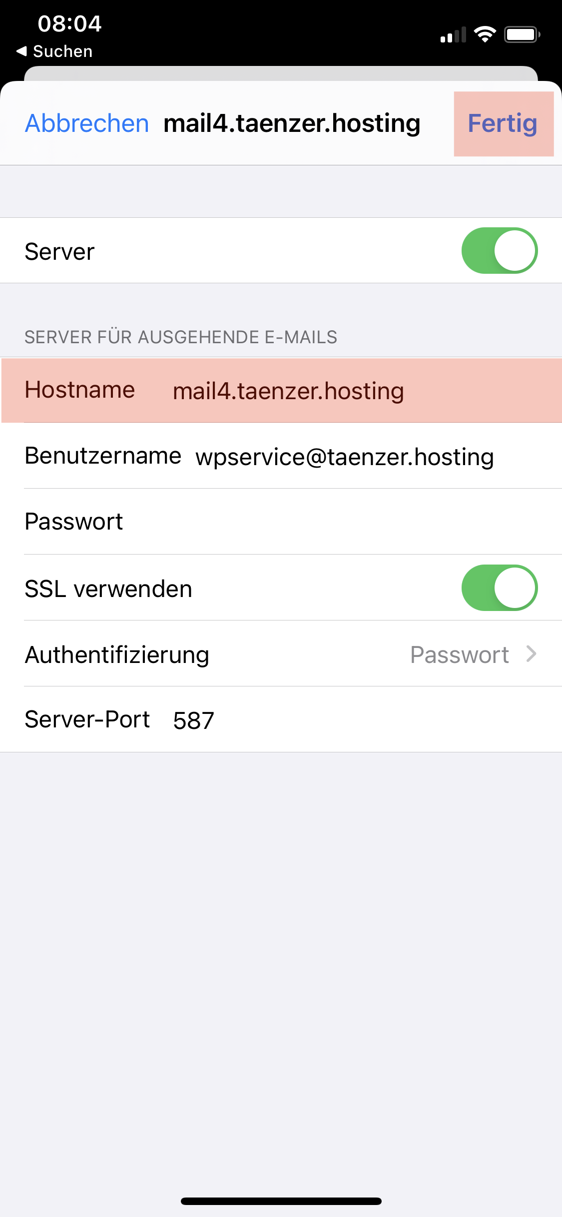 Hostname für ausgehende Mails ebenfalls ändern. Dann mit Fertig speichern.
